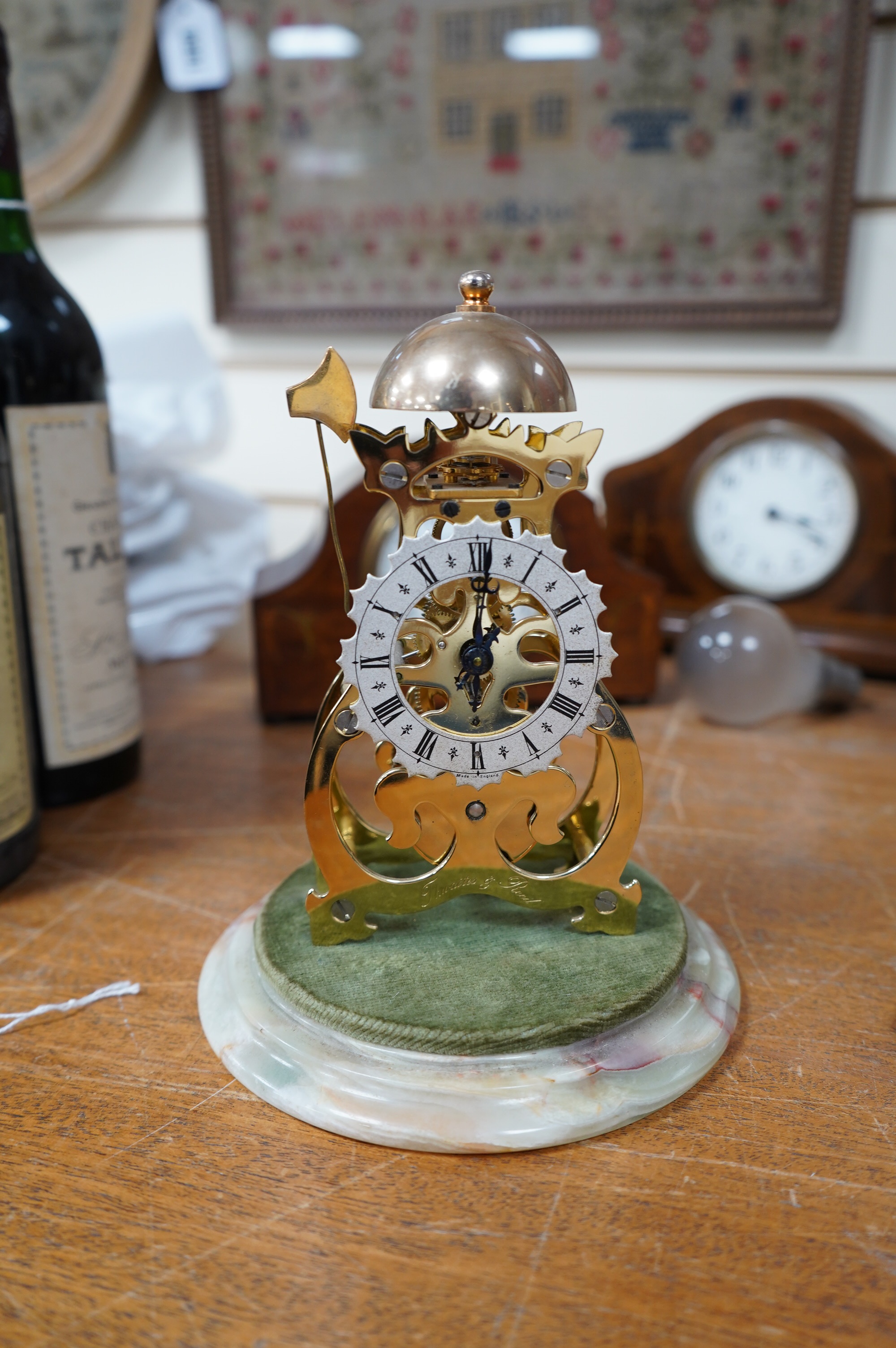 Sundry items to include four Edwardian inlaid mantel clocks, a barometer and a skeleton clock (7). Condition - mostly fair, untested